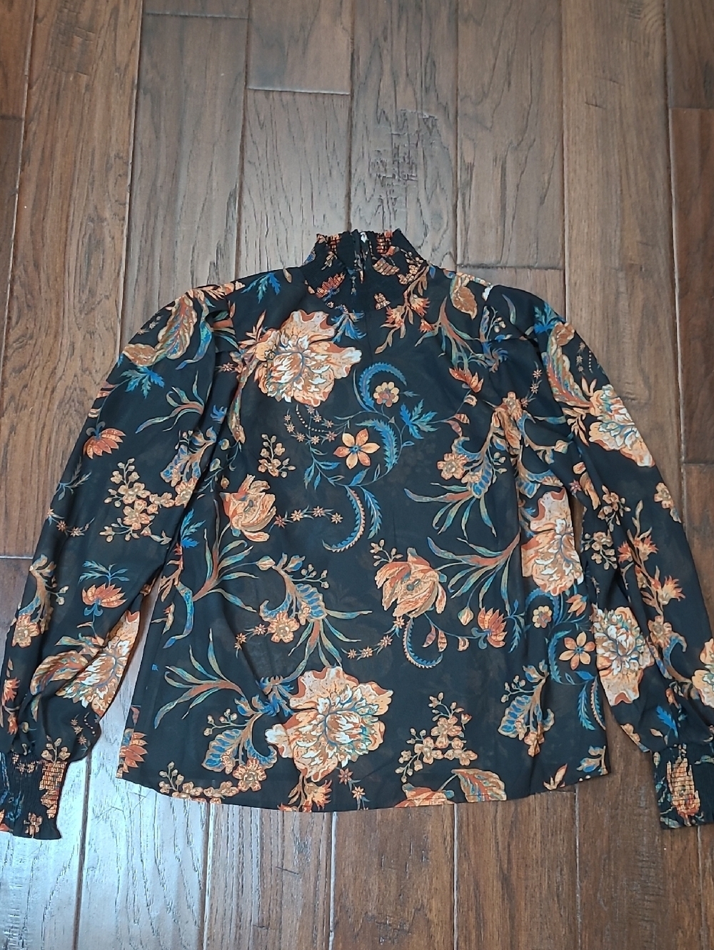 Flying Tomato Black Floral Sheer Smocked High-Neck Blouse & Smocked Cuffs size S
